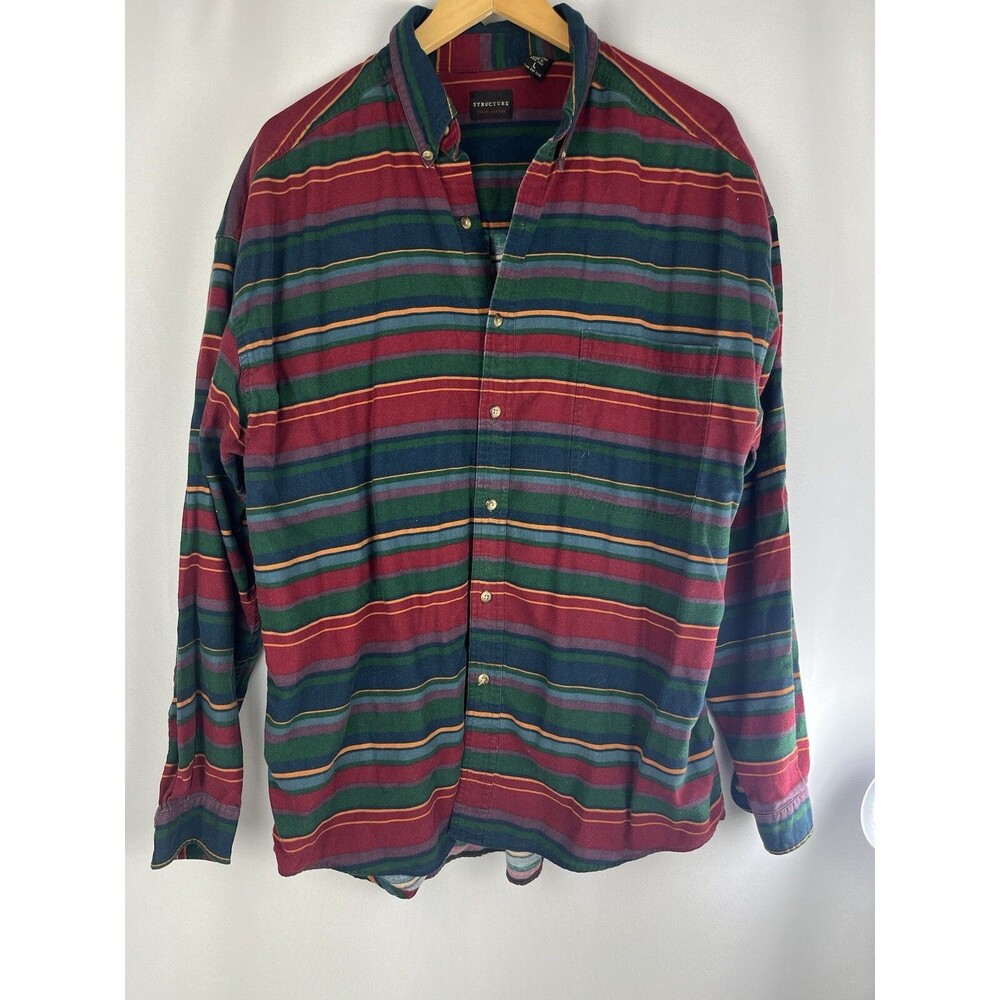 Vtg Structure Men’s Large Blue Flannel Button Up Plaid Shirt Red Green
